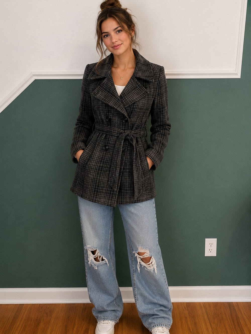 Women's Apostrophe Gray Plaid Wool Double-Breasted Peacoat, Sz Small